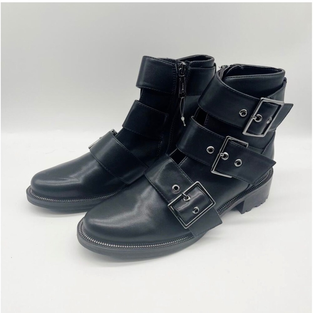 Blondo Boots Women 7 Black Waterproof Leather Triple Buckle Moto Ankle B7117 001 - Picture 3 of 8